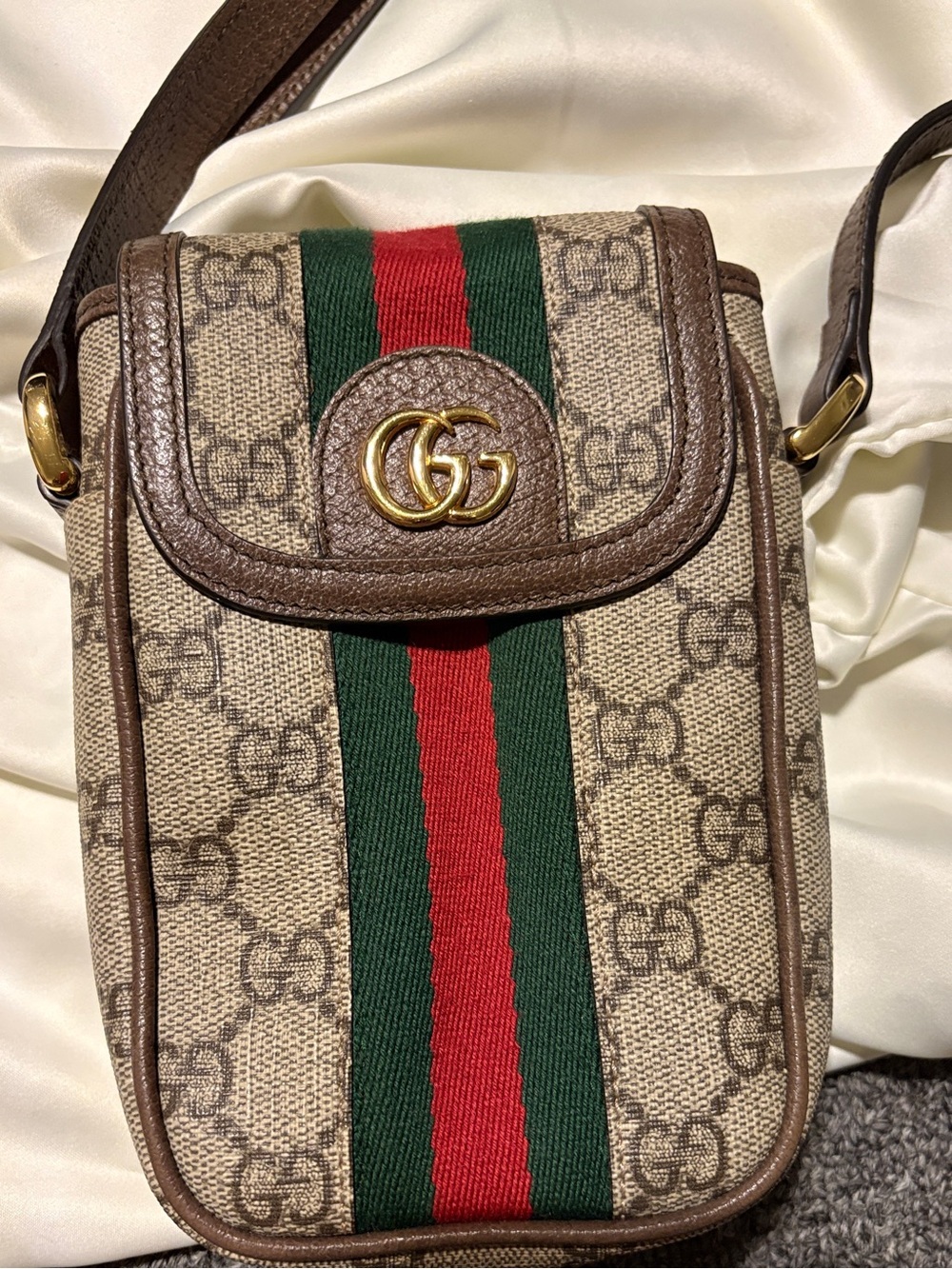 GUCCI GG Supreme Monogram Web Ophidia Phone Crossbody Bag Beige New Acero